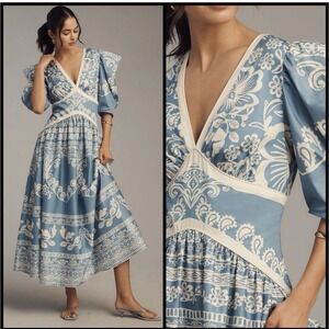 Farm Rio x Anthropologie Blue Sweet Garden Puff Sleeve Maxi Dress Sz Xs NWT $258
